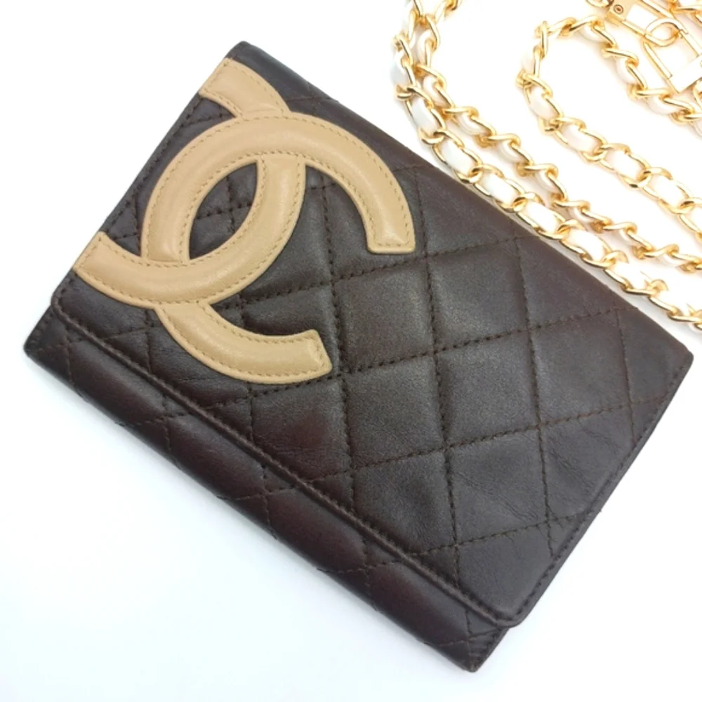 CHANEL Black & Tan Quilted Wallet-on-Chain with Gold Chain